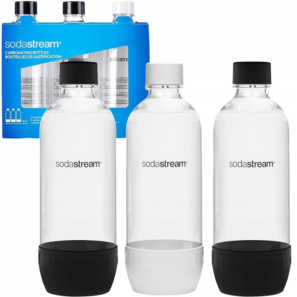 SODASTREAM 1LTR PET BOTTLES TRIPLE PACK ALL BLACK (Compatible with older models) (Dishwasher Safe)